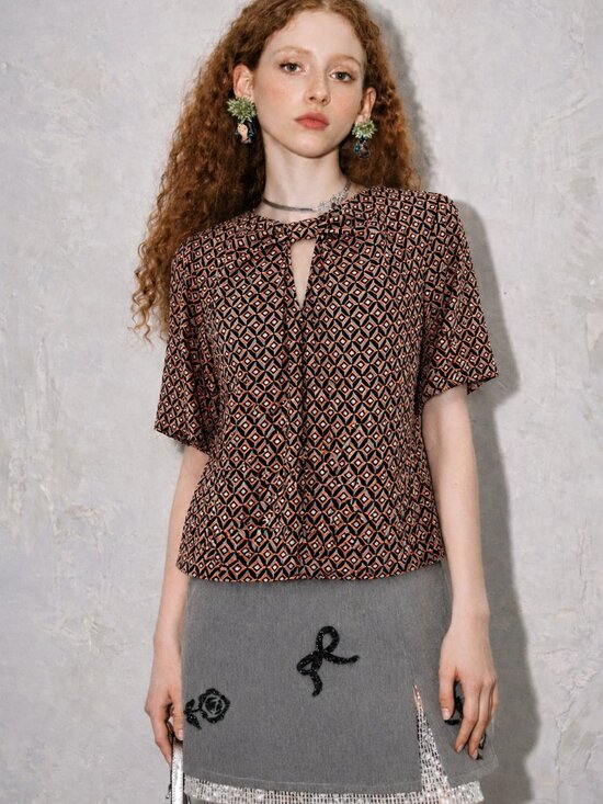 Pleione Tops - Pleione x Anthropologie Geometric Tie-Neck Blouse in Black and Rust T-7
